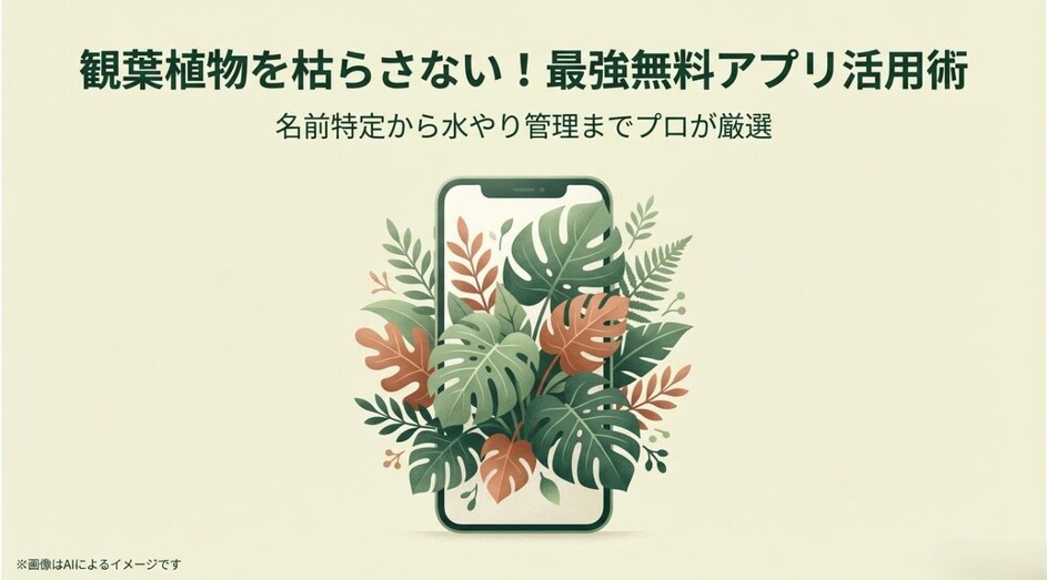 スマートフォンから鮮やかなモンステラなどの観葉植物が飛び出している、アプリ活用をイメージしたイラスト
