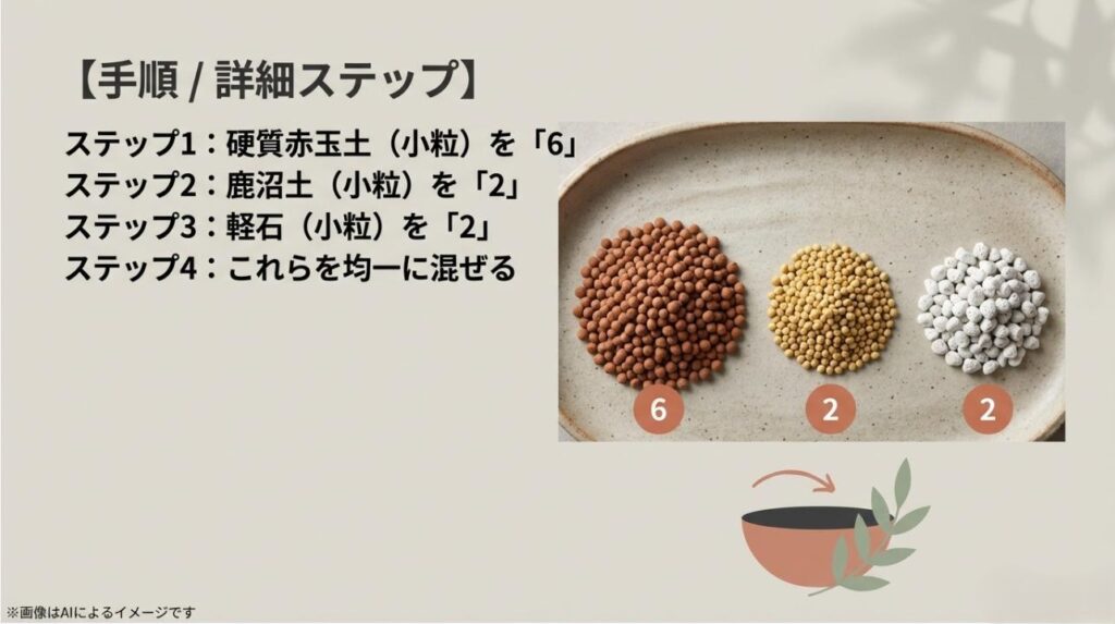 硬質赤玉土6、鹿沼土2、軽石2の比率で均一に混ぜる、無機質用土の具体的な配合手順の表