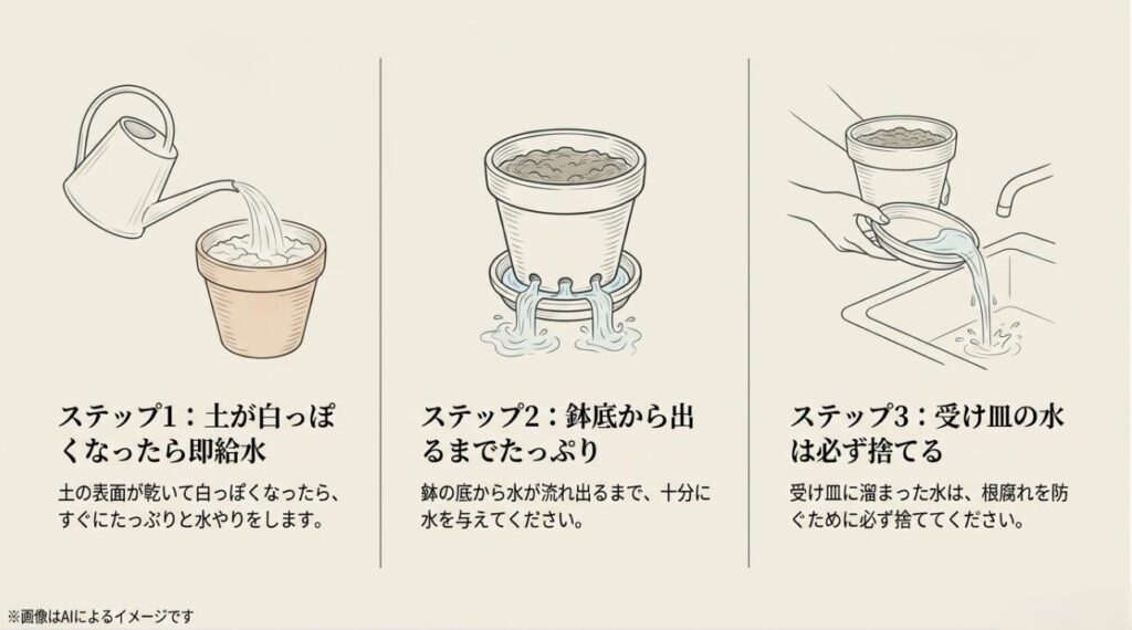 土の表面を確認し、鉢底から出るまで水を与え、最後に受け皿の水を捨てる手順を解説したイラスト