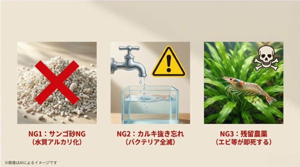 サンゴ砂の使用、カルキ抜きの忘れ、残留農薬の付着など、メダカやエビを死なせてしまう原因となる禁止事項のまとめ