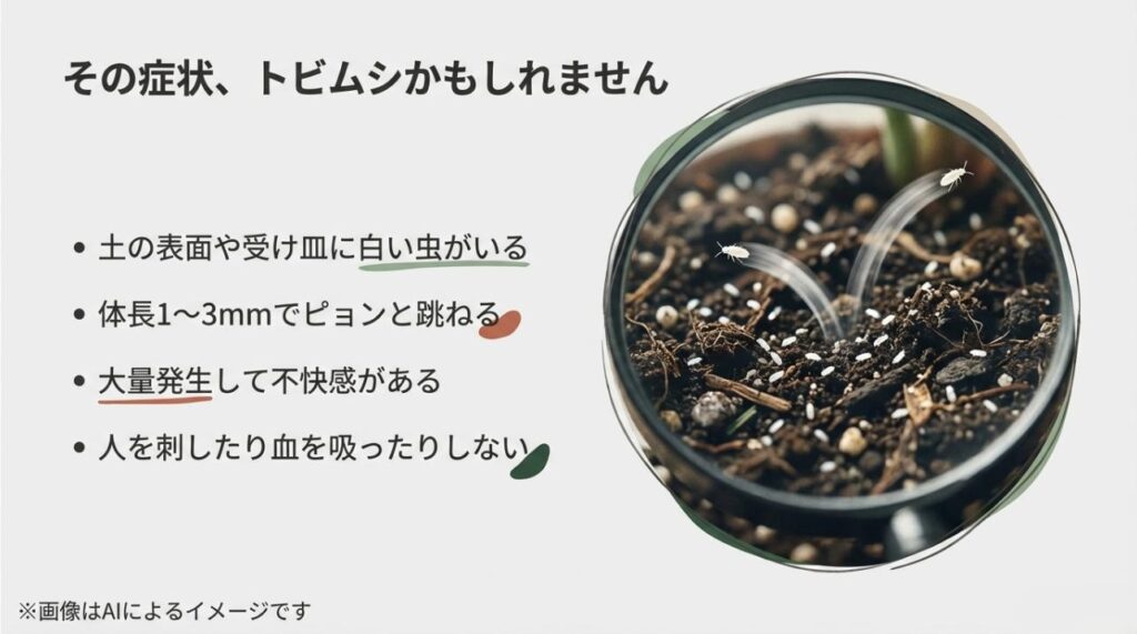 土の上をピョンと跳ねる体長1〜3mmの白い虫（トビムシ）のイラストと、人を刺さないなどの特徴を記載した解説スライド