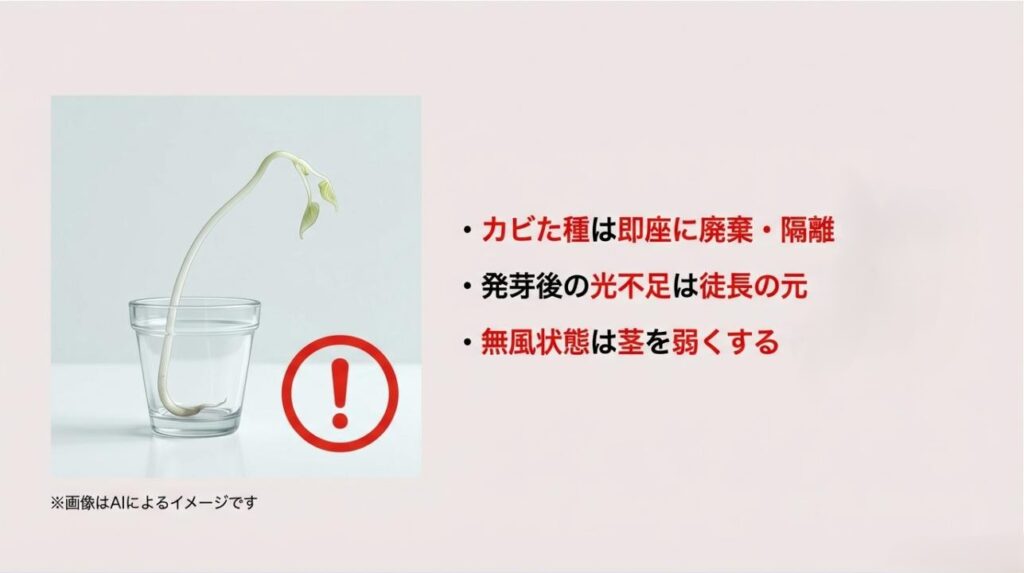徒長してしまった苗の写真に警告マークを添え、カビの放置、光不足、無風状態のリスクを解説する注意喚起スライド