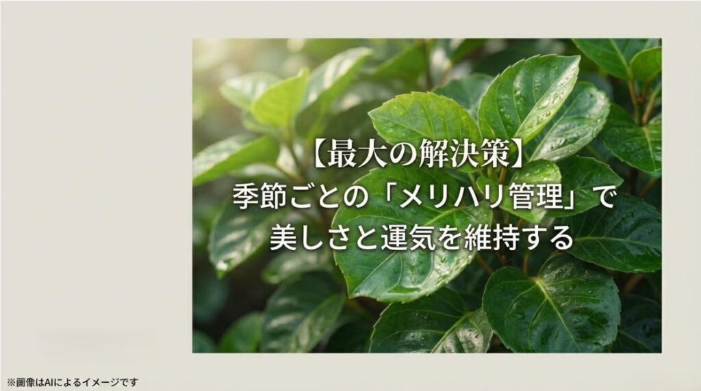 季節に合わせた適切なケアがポリシャスの美しさと風水的な運気を保つ鍵であることを伝えるメッセージスライド