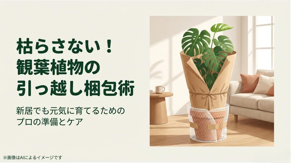 丁寧にラッピングされたモンステラの鉢植えと、引っ越し梱包術のタイトルが書かれたアイキャッチ画像