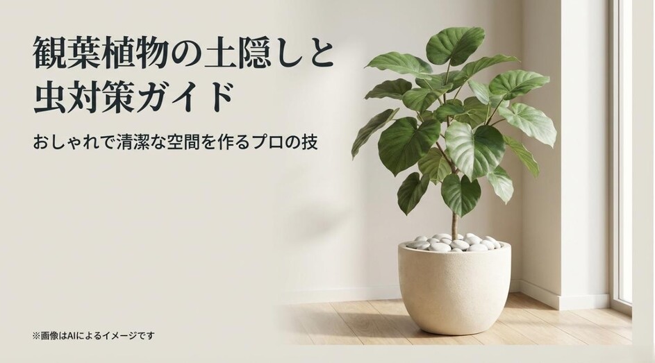 「観葉植物の土隠しと虫対策ガイド」というタイトルと、清潔感のある室内植物のアイキャッチ画像