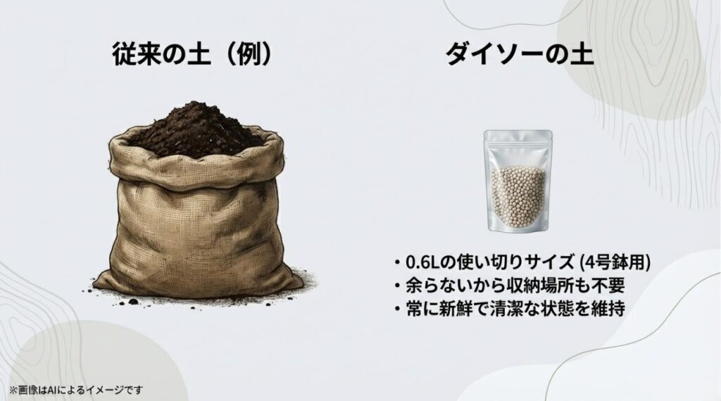 余って困る大きな土の袋と、収納不要で使い切れるダイソーの0.6Lパックの比較