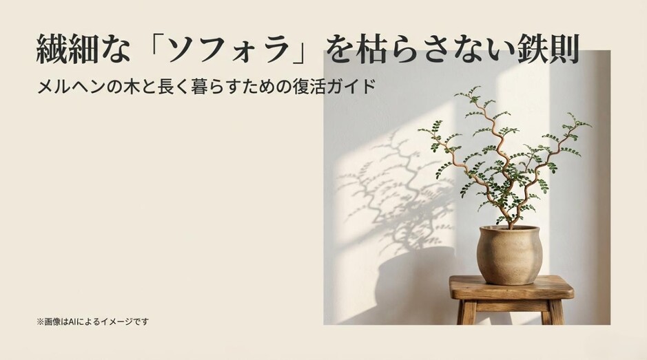 オシャレな陶器鉢に植えられたソフォラ・リトルベイビーが、壁に美しいジグザグの影を落としているアイキャッチ画像