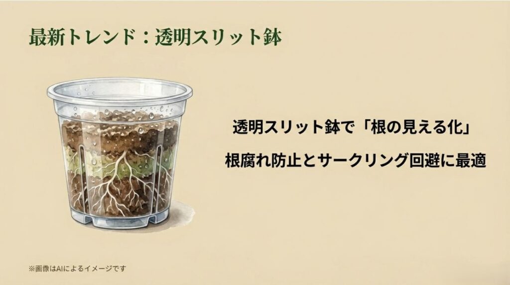 透明なスリット鉢によって根の状態が外から確認できる様子と、サークリング回避のメリットを説明したスライド