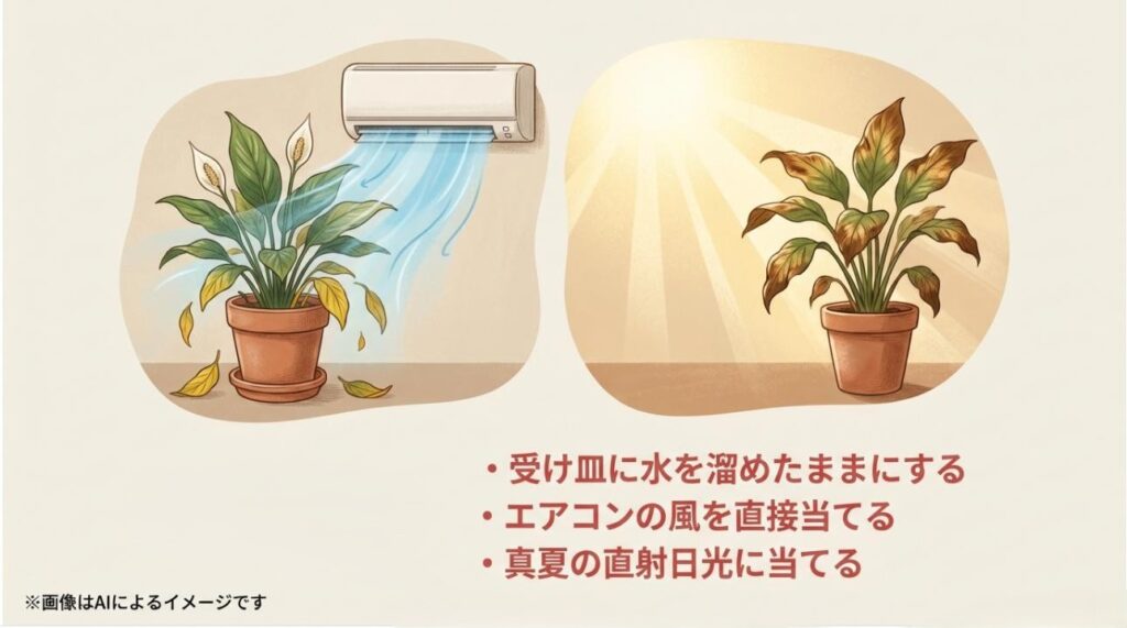 エアコンの風や直射日光によって植物がダメージを受けている様子を示す警告イラスト