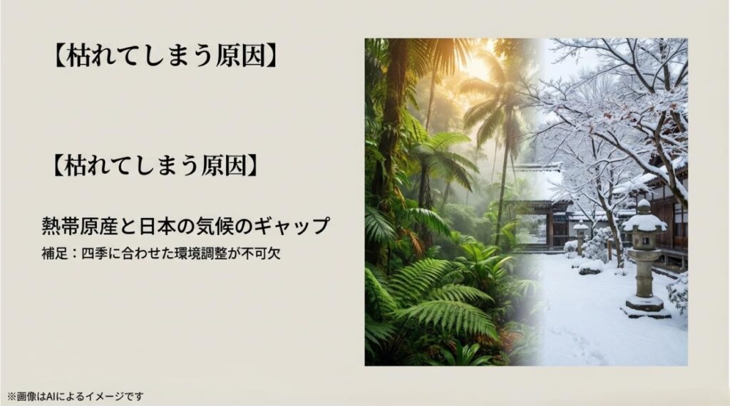 熱帯のジャングルと雪の降る日本の風景を比較し、四季に合わせた環境調整の必要性を説明するイメージ