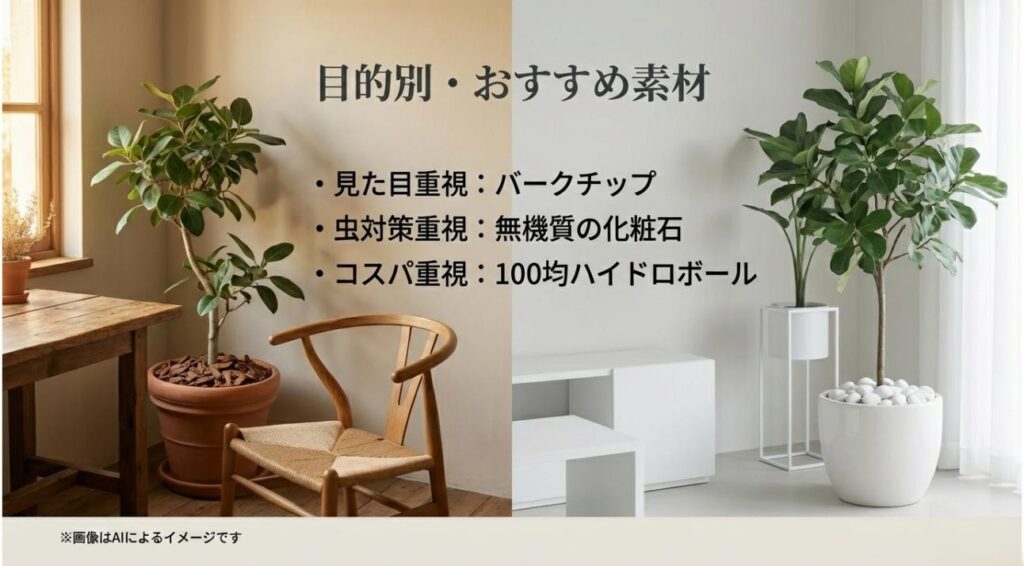 見た目重視のバークチップ、虫対策の化粧石、コスパ重視の100均ハイドロボールを比較した、目的別の素材選びガイド