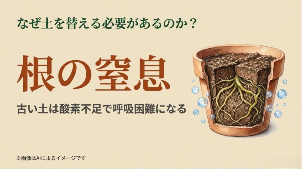 古い土が固まって酸素不足になり、植物の根が呼吸困難に陥っている様子を説明するイラストスライド