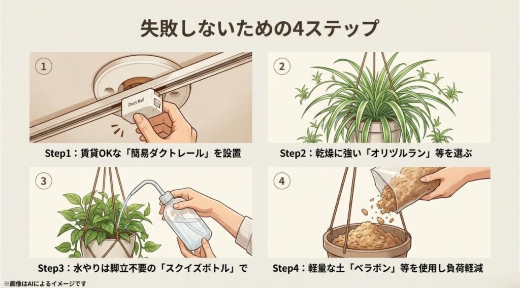 ダクトレールの設置、品種選び、スクイズボトルでの水やり、軽量な土の使用という4ステップを解説した実用的なスライド
