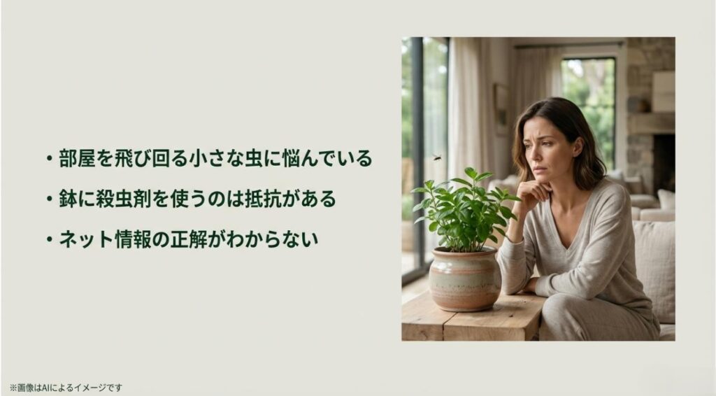 部屋を飛ぶ虫、殺虫剤への抵抗、ネット情報の真偽に悩む飼い主のイメージとチェックリスト