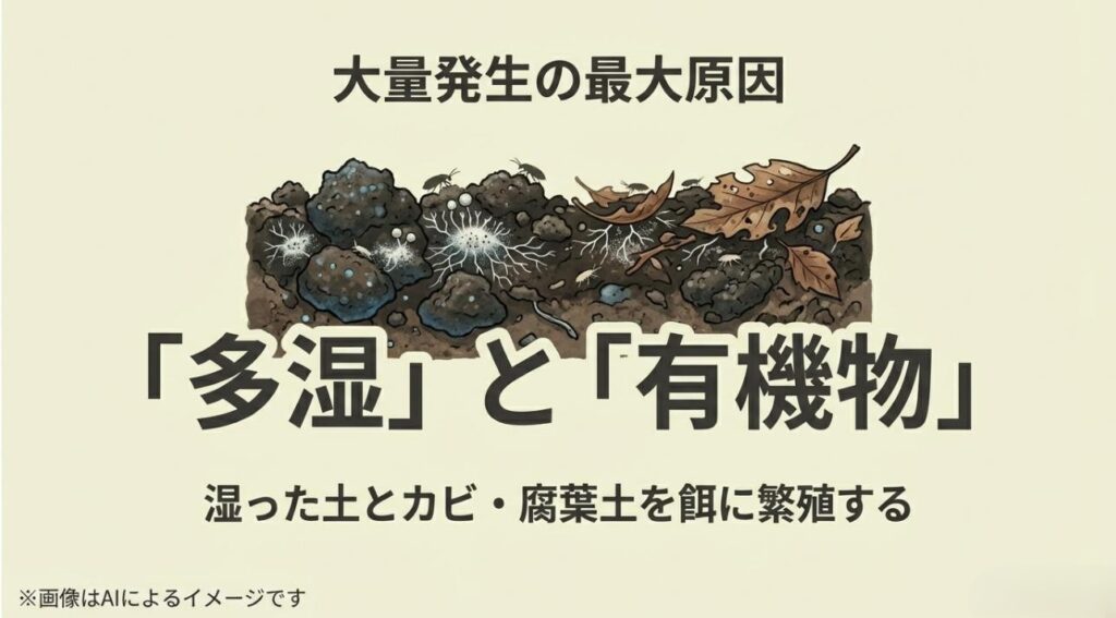 湿った土、カビ、腐葉土がトビムシの繁殖源になることを図解した、原因特定のための解説スライド