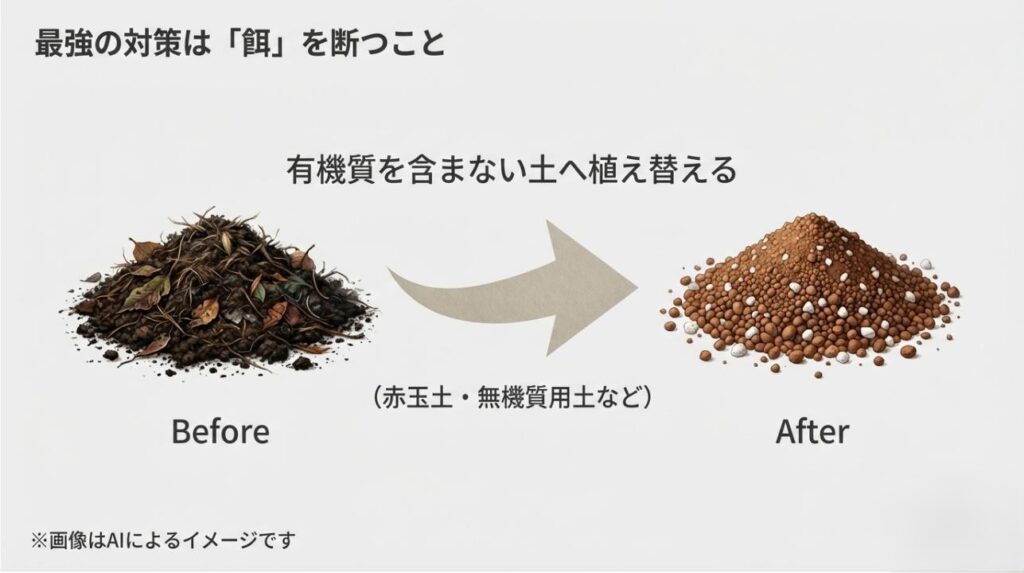 腐葉土を含む土から赤玉土主体の無機質な土へ変えることで、虫のエサを断つ様子を示したBefore/Afterのスライド
