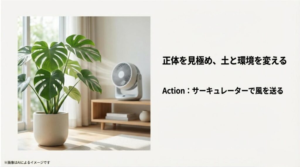 モンステラの横にサーキュレーターを置き、風を当てることで土の表面の湿気を防ぐイメージスライド