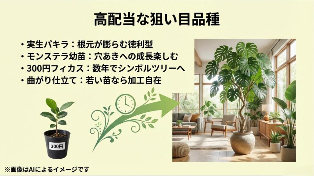 実生パキラ、モンステラ、300円のフィカスなど、育て方次第で価値が高まる狙い目品種と成長の楽しみをまとめたスライド
