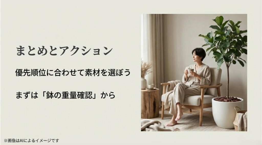 優先順位に合わせた素材選びと、鉢の重量確認を推奨するまとめ画像
