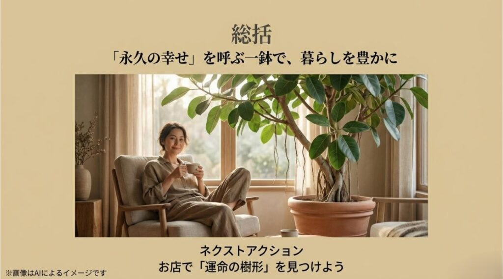 ベンガレンシスのあるリビングでリラックスする女性の写真と、「運命の樹形」を見つけようという前向きなメッセージのスライド