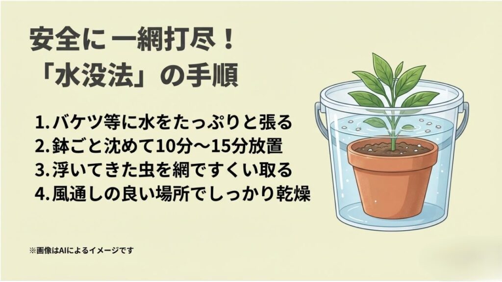 バケツに鉢ごと沈めてトビムシを浮かせ、網ですくい取る手順をステップ形式で描いた図解スライド