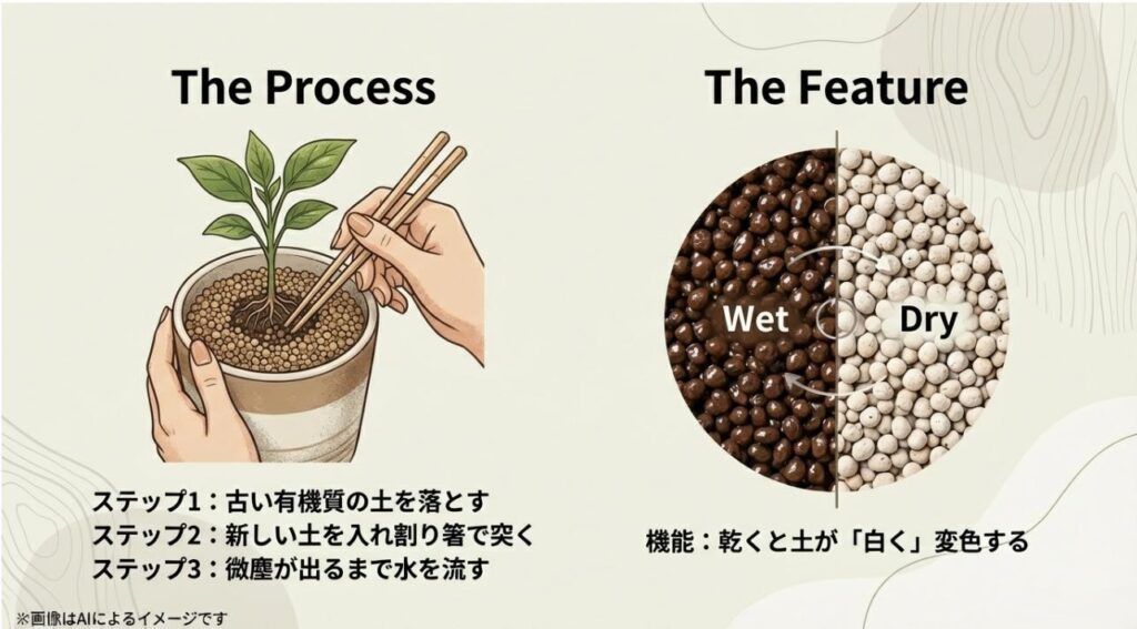 赤玉土や鹿沼土など、虫の餌を含まない無機質な素材だけで構成された土のクローズアップ画像
