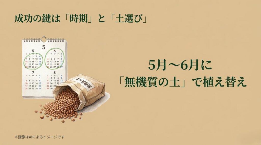 植え替えに最適な5月・6月を示すカレンダーと、虫がわきにくい無機質の土の袋が描かれた解説スライド
