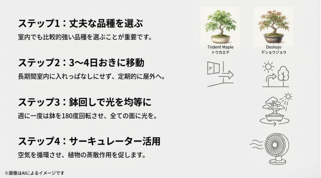 トウカエデや出猩々のイラストと共に、移動や鉢回しなど育成の4ステップを解説したスライド