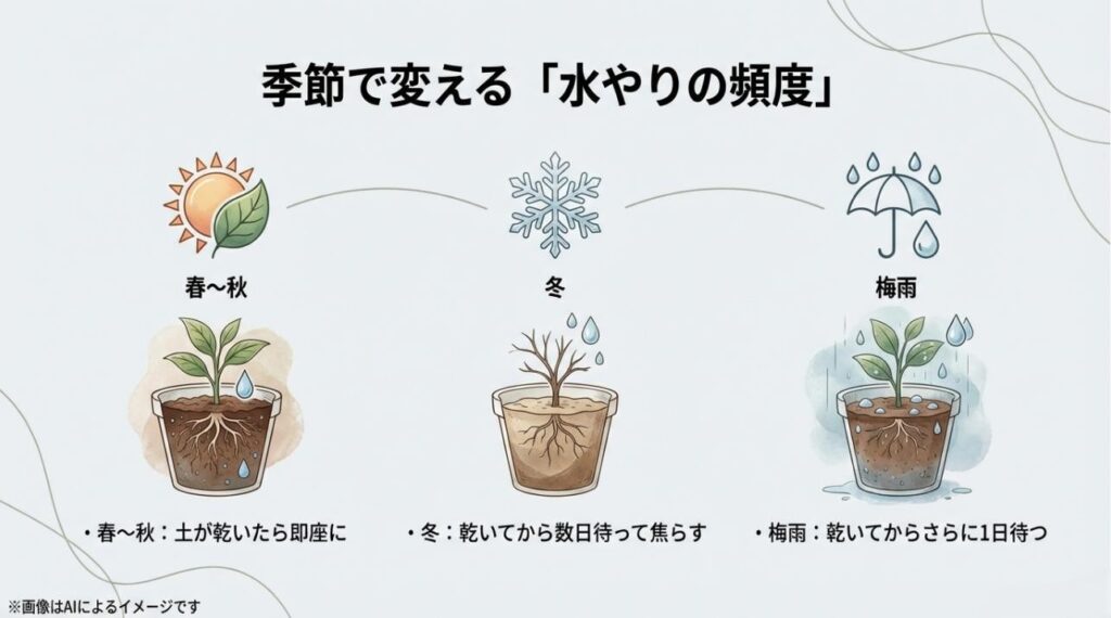 春から秋は乾いたらすぐ、冬は数日待つ、梅雨は1日待つなど、季節ごとの頻度をまとめた図解