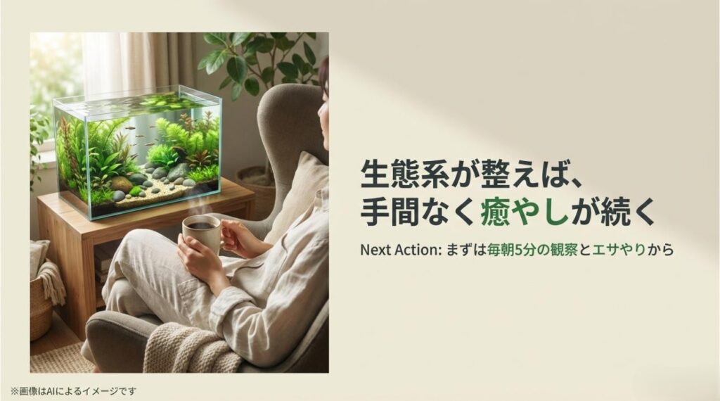 室内ビオトープを眺めながらコーヒーを飲むリラックスシーンと、毎朝5分の観察・エサやりを推奨するメッセージ