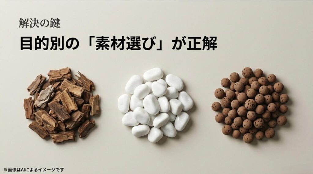 バークチップ、白い化粧石、ハイドロボールの3種類の素材写真