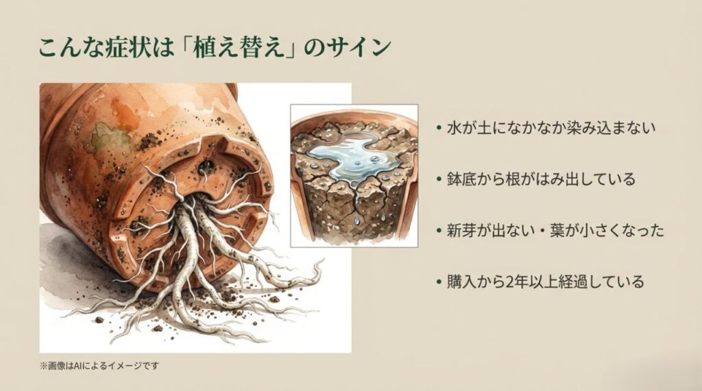 水はけの悪化、根詰まり、新芽の不調など、植え替えを検討すべき具体的な症状をまとめたスライド