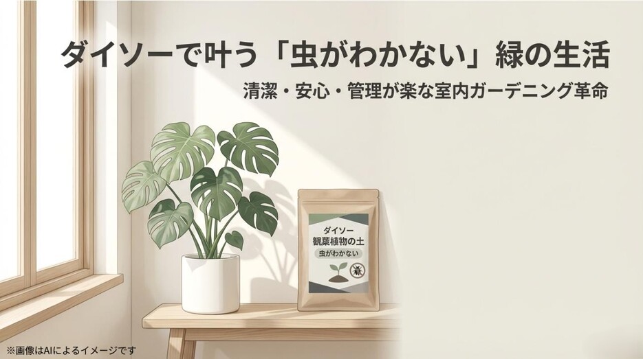 ダイソーの「虫がわかない観葉植物の土」のパッケージと、清潔な室内ガーデニングをイメージしたスライド