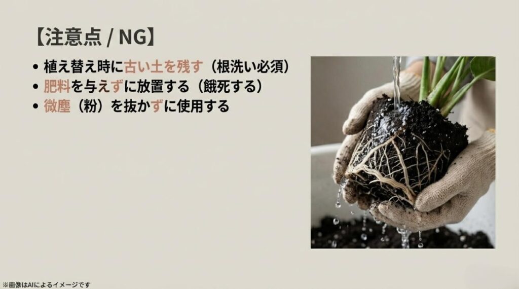古い土を残さない根洗いの徹底、肥料管理、微塵の除去など、植え替え時に注意すべき3つのポイント