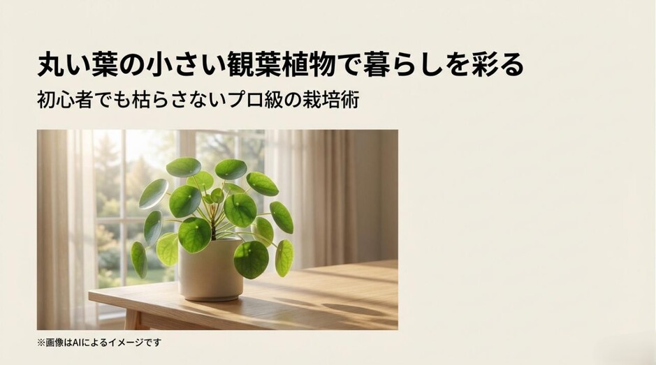 おしゃれな鉢に植えられた丸い葉の植物（ピレア）と、初心者向け栽培術を紹介するタイトルのアイキャッチ画像