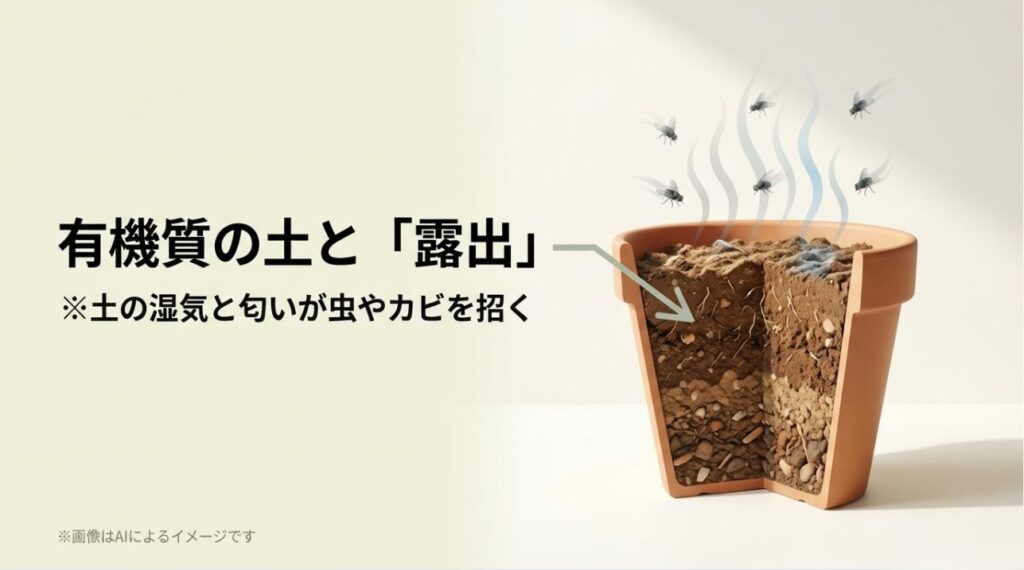 土の湿気と匂いが虫やカビを引き寄せるメカニズムを解説した図解スライド