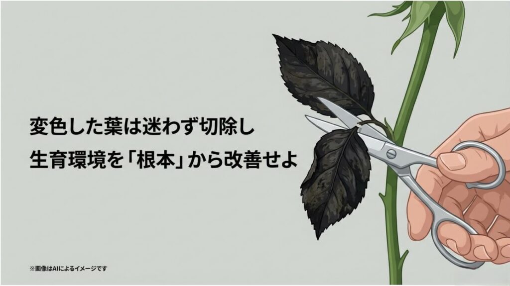 傷んだ葉を切り落とし、生育環境を根本から見直すことの重要性を強調するメッセージ画像