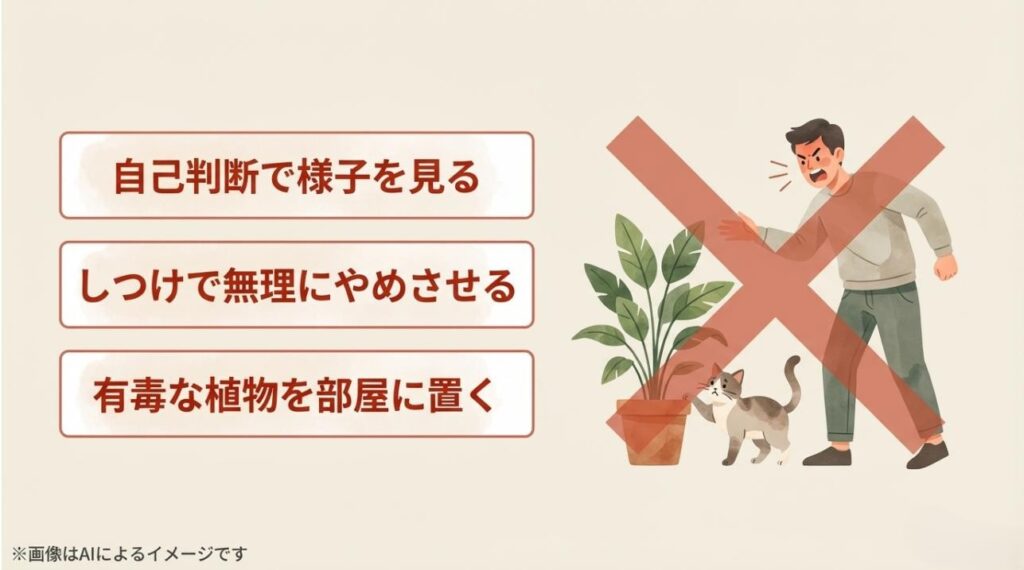 猫を叱ることや有毒植物の放置、自己判断での様子見など、やってはいけないNG行動にバツ印がついた警告スライド
