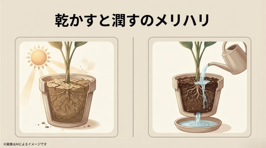 完全に乾いた土と、水を与えた後の潤った土の状態を比較し、メリハリの大切さを伝える図解