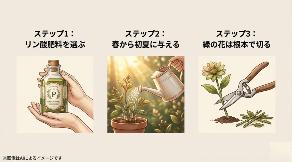 リン酸肥料を選ぶ、春から初夏に与える、緑の花は根本で切るという3つの具体的な手順
