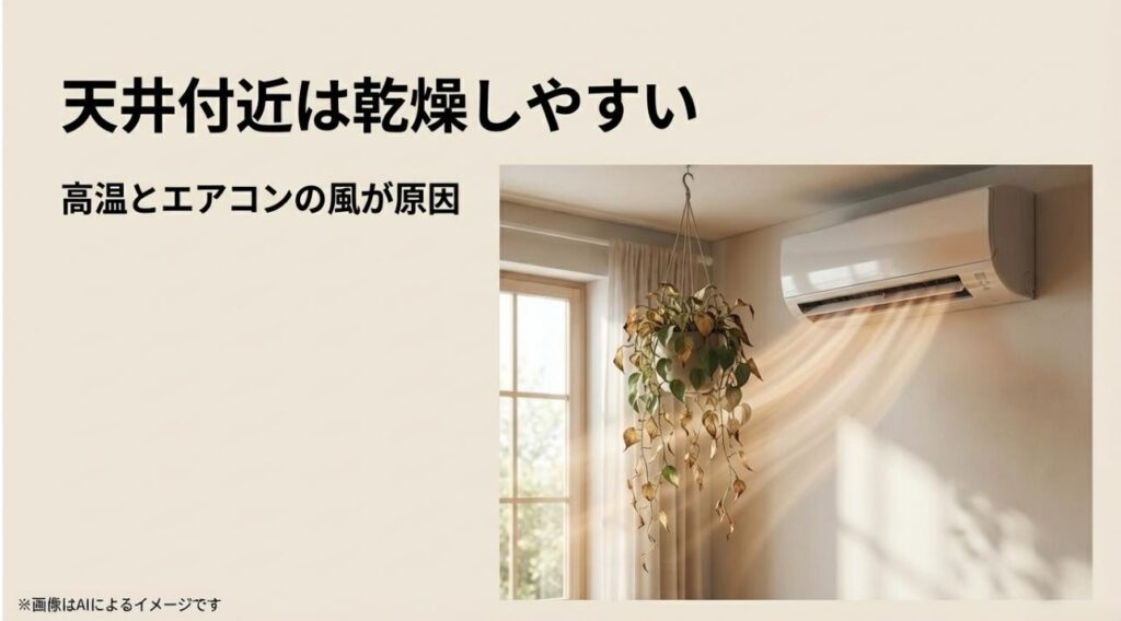エアコンの風が直接当たり、熱と乾燥で植物が傷んでしまう原因を視覚的に解説した図解