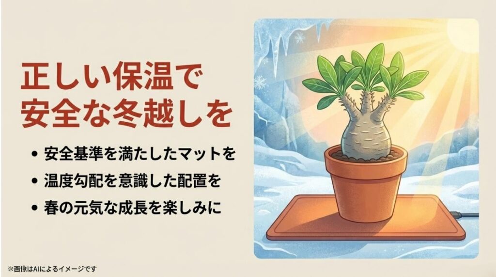 暖かな日差しの中で元気に育つ植物と、安全基準・温度勾配の重要性をまとめたエンディングスライド