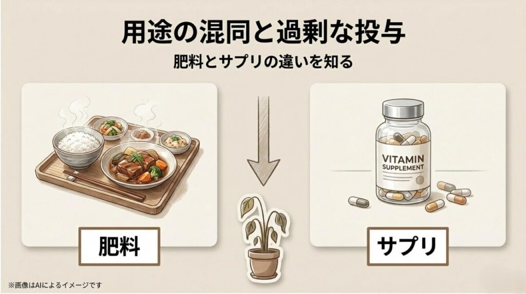 肥料を豪華な定食(主食)に、活力剤をビタミンサプリメントに例えて説明したイラスト