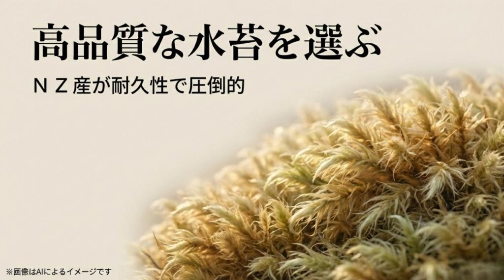 ニュージーランド産の高品質な水苔のパッケージイメージと、その圧倒的な耐久性を解説するスライド