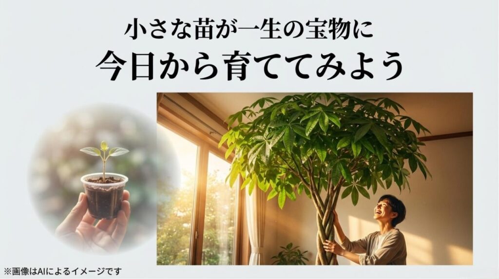 小さな苗から部屋いっぱいに大きく育ったパキラを、笑顔で見上げる飼い主の感動的な様子