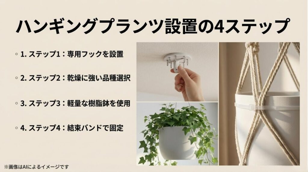 フック設置から品種選び、鉢の選定、結束バンドによる固定までをまとめたチェックリスト