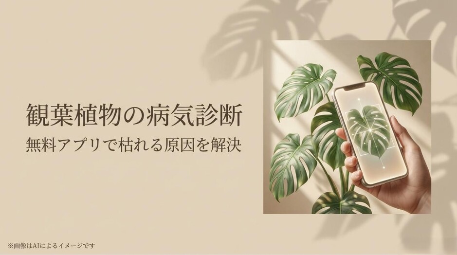 スマートフォンでモンステラの葉をスキャンして病気や枯れる原因を診断しているイメージ画像