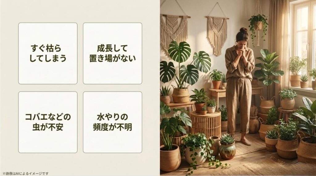 初心者が抱きやすい「枯らす」「置き場所」「虫」「水やり」といった不安要素をまとめたスライド