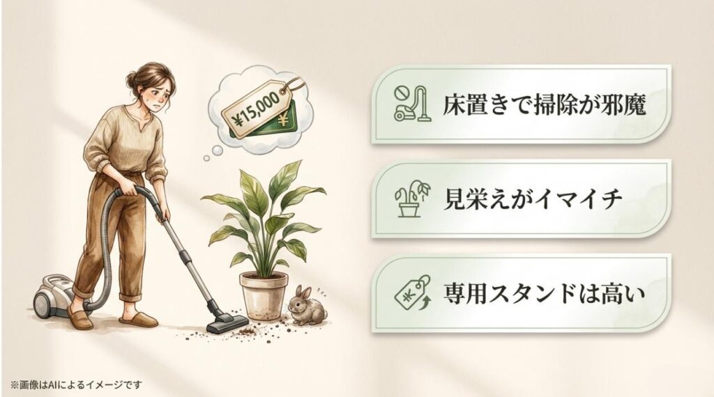 掃除の邪魔、見栄え、専用スタンドの価格に悩む女性と、床の土汚れを掃除するイラスト 