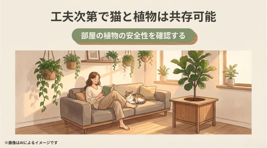 対策を施した部屋で、猫と一緒にリラックスして読書を楽しむ女性のイラスト。工夫で共生が可能であることを伝えるメッセージ